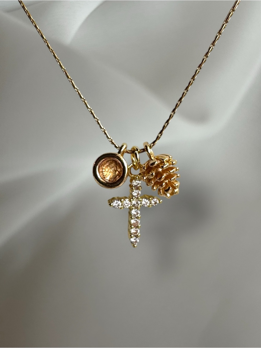 Gold Cross, Coffee Mug, &Pinecone Charm Necklace - Picture 4 of 4